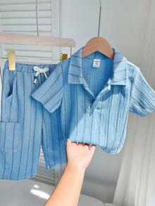 SHEIN 2pcs/Set Baby Boy/Girl Comfortable Casual Versatile Khaki Striped Collar Short Sleeve Shirt Knit Top And Pants Set, Suitable For Spring/Summer Indoor, Outdoor, Daily, Sports, Play, Party, Photo Shoot, Holiday, Festival - Baby Blue - View 6