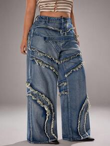 Jeanoix Jeans de pierna ancha lavados y deshilachados de talla grande - Azul - Ver 5