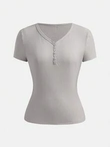 SHEIN Girlism Teen Girls V-Neck Button Knit Short Sleeve T-Shirt, Sweet Cute Minimalist Versatile Casual Daily Mid-Length Tee - Grey - View 5