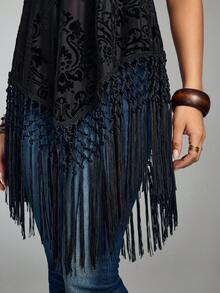 ROMWE Avant 女士性感度假/音乐节透视植绒露背流苏不对称下摆罩衫 - 黑色 - 查看 4