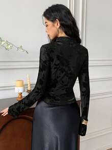 EastFlair Women's Floral Jacquard Button Design Long Sleeve Fashionable Blouse Women Blouses Elegant - Black - View 5