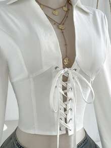 Elamini Women's White Deep Shirred Cinched Waist Drawstring Shirt, Fashionable Casual Versatile Blouse For Outings, Dates, Street Style, Spring/Summer - White - View 7