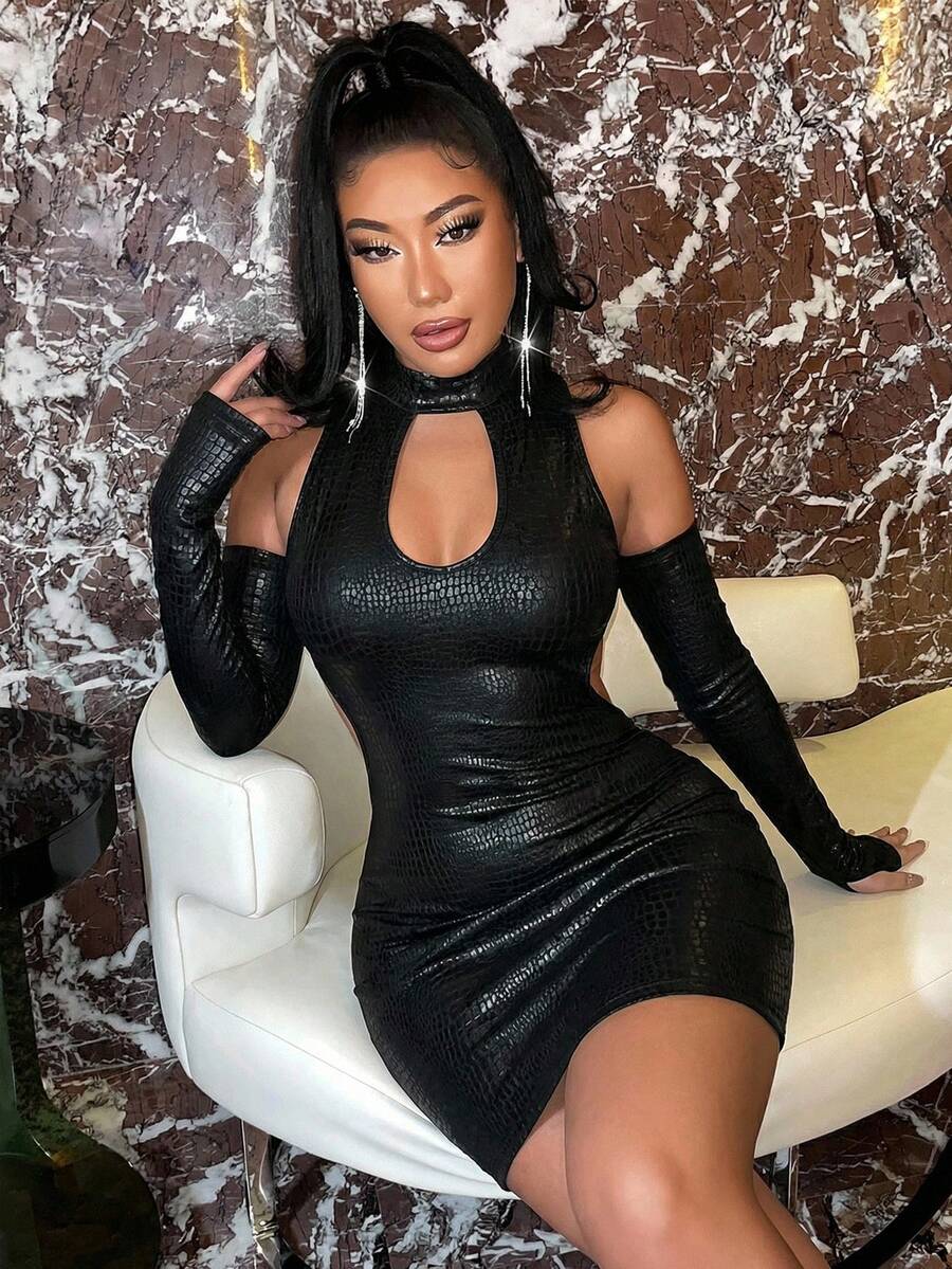 SHEIN SXY Women's Off-Shoulder Long Sleeve Hollow Out Design Fitted Sexy Mini Dress,Carnival Costume,Party ,Black ,Sexy , - Black - View 1