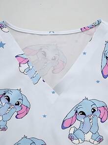 PopScrub Blue Cute Rabbit & Star Cartoon Print V-Neck Short Sleeve Pocket Decor Split Hem Plus Size Scrub Top, Spring/Summer Nurse Uniform - Multicolor - View 3