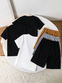 SHEIN 3套幼童男童休閒運動足球印花圓領T恤短褲套裝，黑色夏季街頭風校園返校Y2K穿搭 - 彩色 - 查看 4