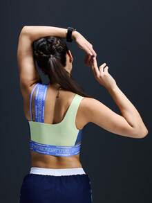 Powerista Women's Letter Print Asymmetric Neck Sports Bra - Yellow - View 6