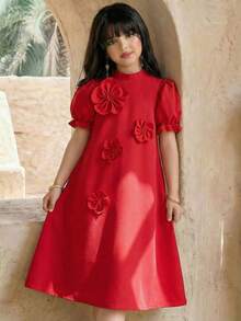 SHEIN Young Girl Elegant Cute Red 3D Floral Short Sleeve Dress  Young Girl Floral Print Patchwork Simple Long Sleeve Casual Arabian Dress Young Girl's Spring/Summer N Style Matching Family Vacation, Tween Girl / Baby Girl Jalabiya.Vintage Red Rose Ditsy Floral Mixed Print Cap Sleeve A-Line Dress, With Golden Woven, National Ditsy Floral Print Dress, Mom And Daughter & Sisters Matching. Arabian Robe, Elegant Floral Collar, Traditional Long-Sleeved Arabian Dress, Elegant And Dignified , Prayer Robe, Dignified Kaftan Robe, Children's Arabian Robe Red Three-Dimensional Floral Dress - Multicolor - View 2