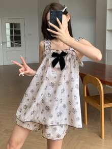 DAZY 2pcs/Set Cute Bear Pattern Sleeveless Camisole Top And Shorts Women Summer Pajama Set - Apricot - View 3