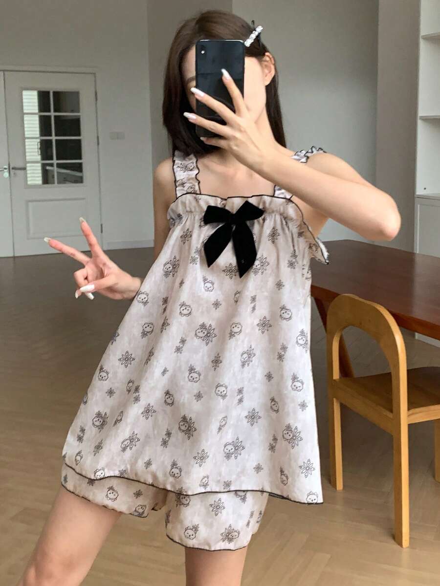 DAZY 2件套可爱小熊图案无袖吊带背心和短裤女士夏季睡衣套装 - 杏色 - 查看 1