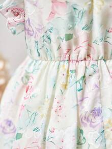 Young Girl Cute & Elegant White Floral Print Cutout Cap Sleeve Dress - Apricot - View 7