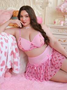 PetitDoll 3pcs Set: Sweet Floral Print Mesh Bow Underwire Padded Ruched Skirt Plus Size Sexy Lingerie Set - Pink - View 5