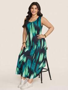 Comfylo 大码女装夏季无袖圆领抽象印花长款休闲度假波西米亚风连衣裙万圣节服装女装冬季连衣裙复古风女装大码女装夏季套装女装沙滩装大码派对连衣裙遮肚大码女装夏季大码沙滩装女装大码女装 - 綠色 - 查看 7