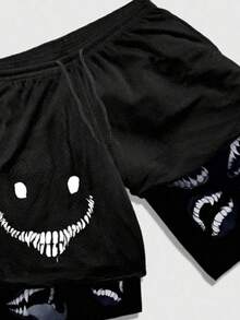 ROMWE MEN Street Life Teens Boys' Drawstring Waist Smiling Face Print Casual Versatile Daily Wear Shorts - Black - View 3