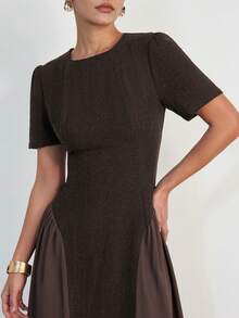 Aveloria Modichic Coffee Brown Summer Elegant Dining Midi Dress,Herringbone Patchwork Chiffon Round Neck Short Sleeve A-Line Waist Pleated Minimalist Vintage Commuting - Coffee - View 4