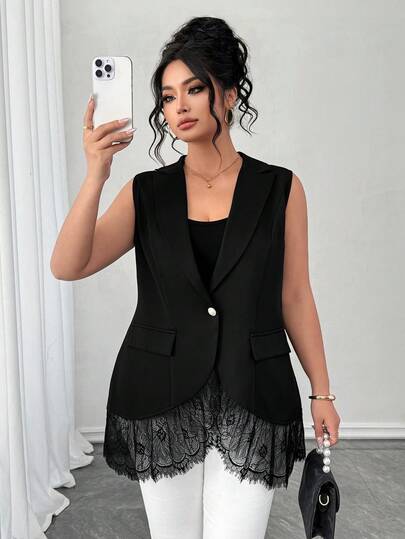 SHEIN Elenzya Plus Size Elegant Lace Trim Vest