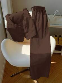 SHEIN EZwear Bộ đồ nữ màu nâu vải lanh gồm áo hai dây và quần dài, kiểu dáng thường ngày cho kỳ nghỉ hè, váy màu nâu sô cô la, quần áo màu nâu, váy màu nâu cà phê, bộ liền thân màu nâu, bộ đồ hai mảnh màu nâu, bộ đồ liền thân nữ màu nâu, áo liền quần nữ màu nâu. - màu nâu - Xem 6