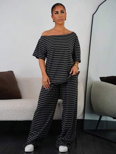 SAYEHFBABY 女士夏季简约街头服饰基本款日常穿着外出运动舒适露肩 T 恤和阔腿运动裤两件套服装