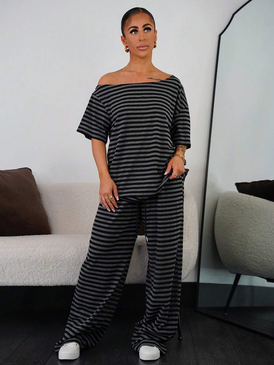 SAYEHFBABY 女士夏季简约街头服饰基本款日常穿着外出运动舒适露肩 T 恤和阔腿运动裤两件套服装 - 彩色 - 查看 1
