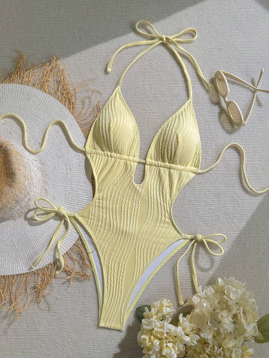 Soleia 女士橄榄绿针织提花纹理V领露背挂脖连体泳衣，海滩度假 - 黃色 - 查看 1