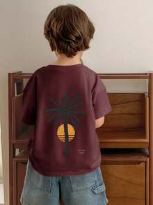 Hapijoa Áo thun tay ngắn cổ tròn dáng rộng in hình cây cọ thường ngày cho bé trai, mùa hè - Màu Đỏ Sâu - Xem 6