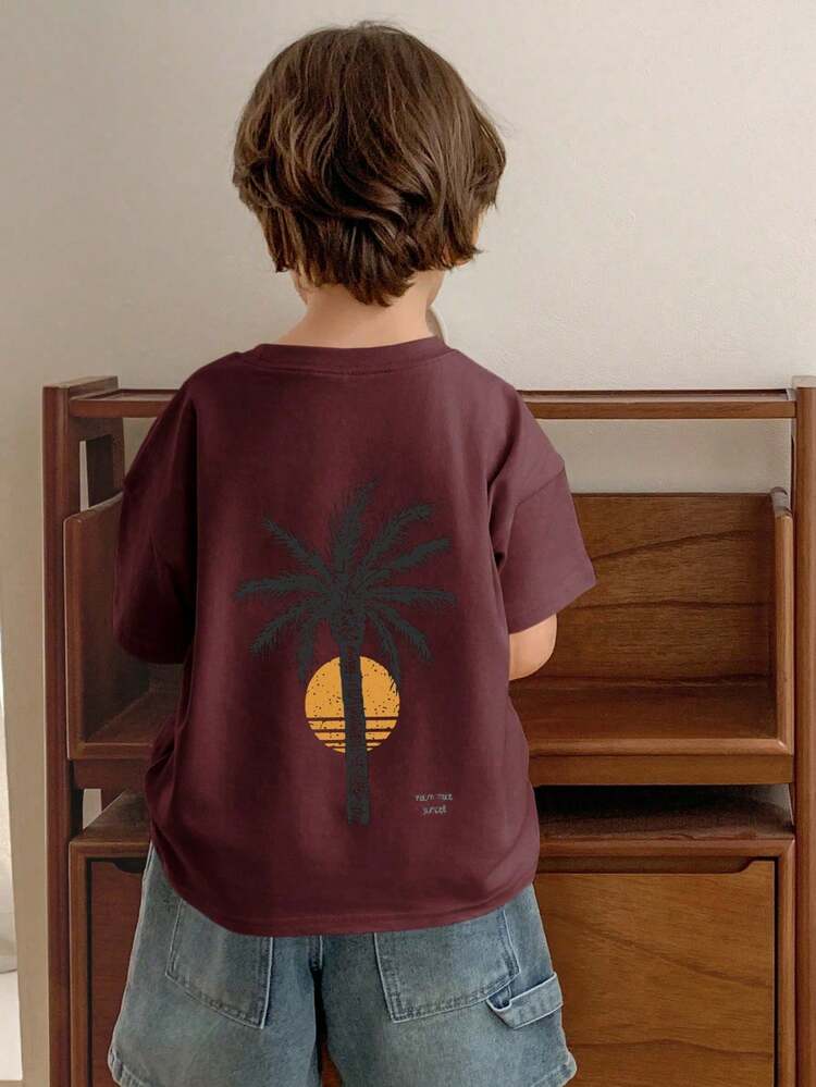 Young Boy Loose Fit Round Neck Short Sleeve Palm Tree Graphic Casual T-Shirt, Summer