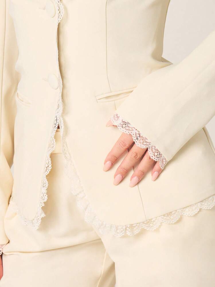 MISSGUIDED Elegant Lace Trim Blazer With Button Closure And Tailored Lapels For Office Business Professional Formal Fall Winter Spring Workwear