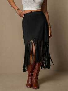 Freevana Plus Size Bohemian Suede Fringe Skirt, Casual Holiday Style - Black - View 4