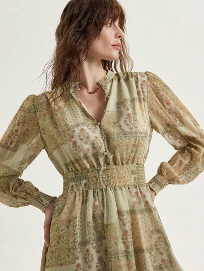 Aveloria Modichic Romantic Bohemian Style Yellow-Green Paisley & Cashew Flower Random Print Chiffon Half-Placket Casual Vacation Versatile Women Long Sleeve Dress