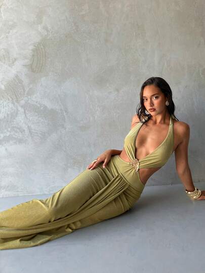 Aloruh Women's One-Piece Swimsuit Set With Attached Skirt Cover-Up, Olive Green Shiny Fabric, Elegant Party/Resort Wear Swimsuits For Women Bathing Suits For Women Women's Swimsuit Women's Swimsuits Elegant Women's Beach Swimsuit Women's Beach Swimsuit Swimsuit For Women Swimming Costume Women Women Beach Outfits For Women Beach Wear Women Women's Beachwear Beach Outfit Holiday Outfits For Women Summer Holiday Outfits