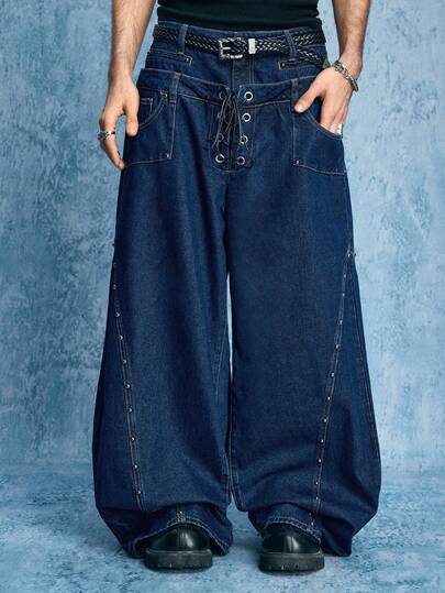 ROMWE MEN Street Life Men's Multi-Waistband Pockets Metal Eyelet Lace-Up Fashion Tie-Up Jeans