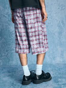 ROMWE MEN Street Life 男士格子口袋褶皱宽松休闲短裤 - 紅色 - 查看 3