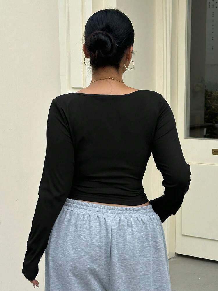 Dazy Plus Plus Size Casual Solid Color Slim Fit Long Sleeve T-Shirt Crop Tops Women