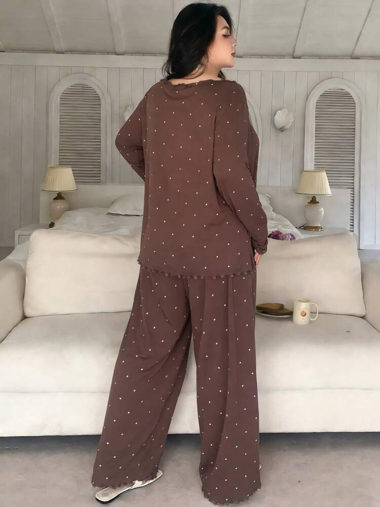 Dazy Plus Plus Size Polka Dot Print Camisole + Long Sleeve Jacket + Pants Pajama Set