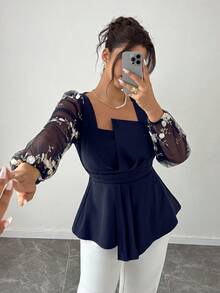 Cravure Blusa elegante de talla grande para mujer con cuello asimétrico, cintura ceñida, línea A, tela de malla con parches bordados, para otoño/invierno - Azul Marino - Ver 5