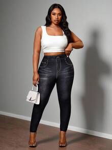 Truni 大码女士优雅高弹仿牛仔打底裤，金属扣装饰，适合通勤，曲线牛仔裤，女士高腰牛仔裤，黑色牛仔裤 - 黑色 - 查看 4