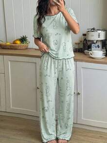 两件套少女睡衣套装，可爱兔子印花针织上衣搭配荷叶边印花长裤，舒适休闲家居服，2026春夏款 - 綠色 - 查看 3