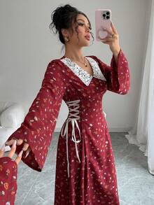 Mulvari 女士优雅碎花印花交叉系带袖阿拉伯风格连衣裙 - 紅色 - 查看 3