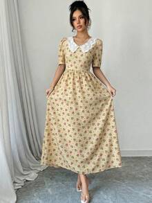 Modelyn 女士彼得潘领印花荷叶边优雅收腰长款派对连衣裙 - 黃色 - 查看 4