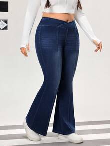 Flexra Quần jeans ống loe cạp trễ bất đối xứng cho nữ cỡ lớn - Rửa tối - Xem 3