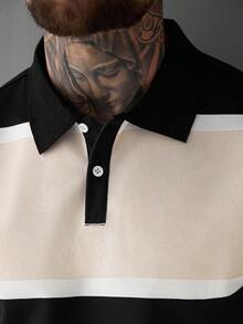 Manfinity CasualCool Men's Striped Polo Shirt With Turndown Collar, Suitable For Home, Outing And Gatherings - Apricot - View 4