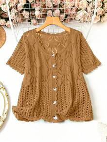 SHEIN LUNE 大码女式纯色针织镂空单排扣短袖露脐休闲轻薄开衫，春夏款 - 駝色 - 查看 1