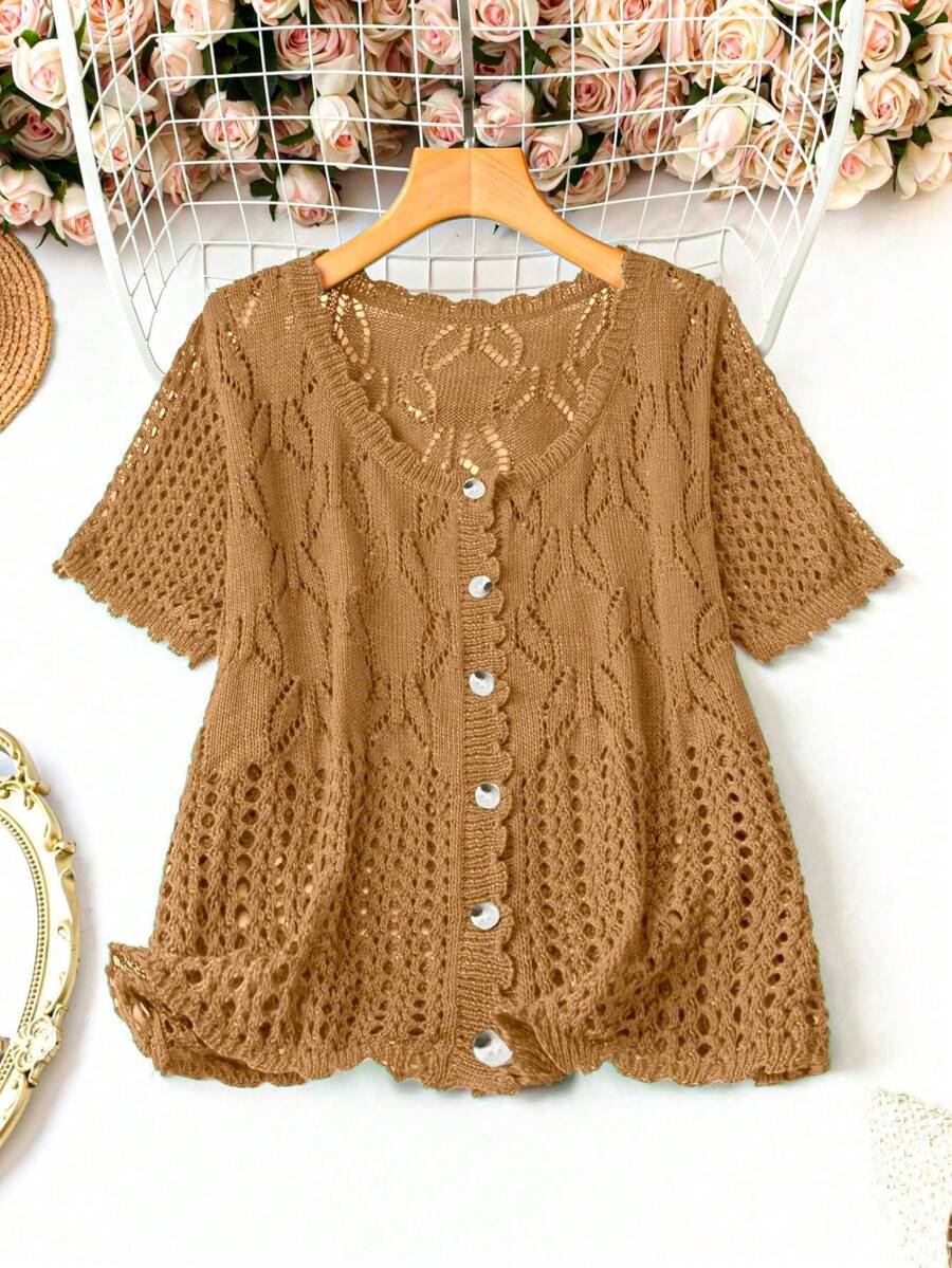 SHEIN LUNE 大码女式纯色针织镂空单排扣短袖露脐休闲轻薄开衫，春夏款 - 駝色 - 查看 1