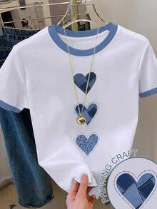 SHEIN EZwear 女款拼色愛心印花短袖休閒圓領T恤 - 彩色 - 查看 1