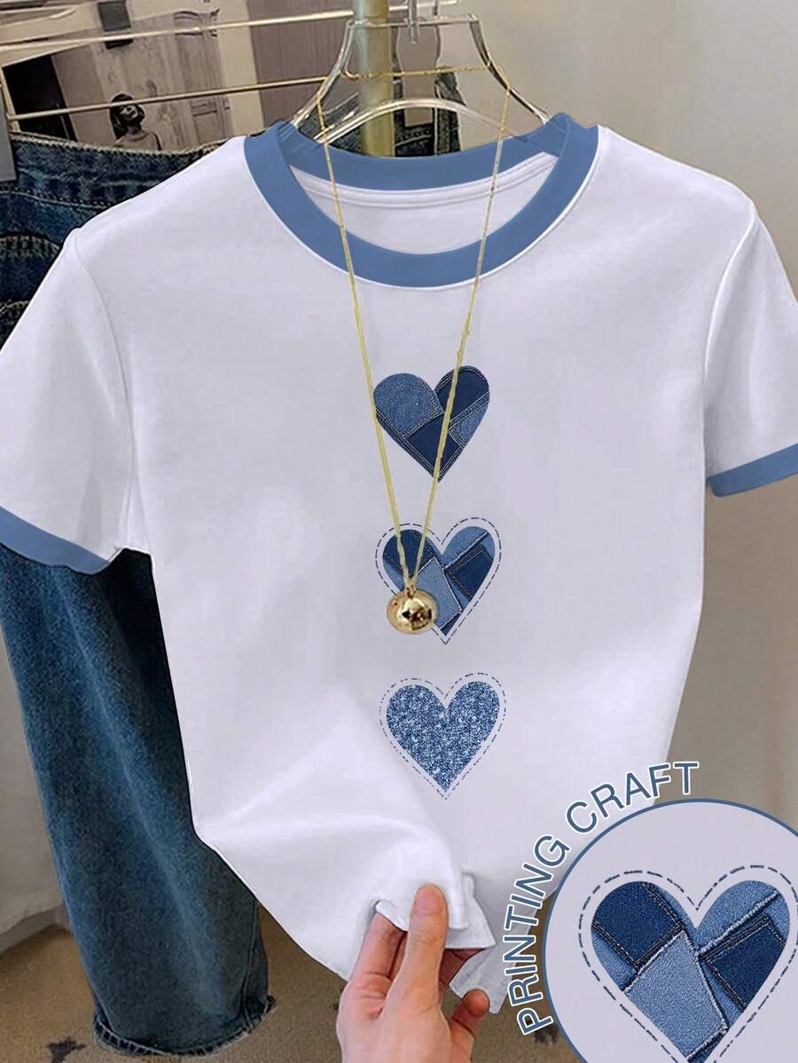 SHEIN EZwear 女款拼色愛心印花短袖休閒圓領T恤 - 彩色 - 查看 1