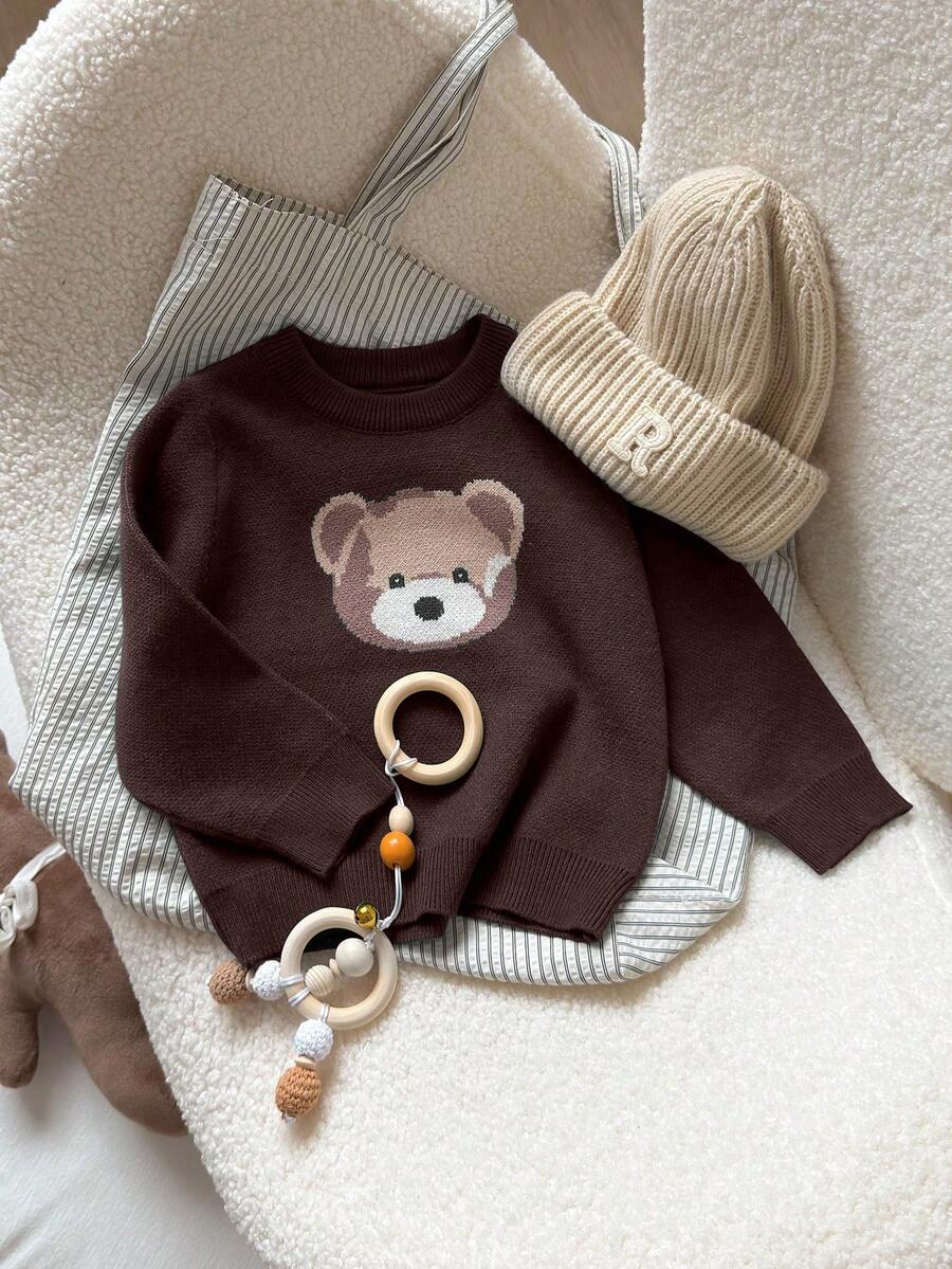 SHEIN Playful Pals Baby Boy Bear Pattern Crew Neck Sweater,All Shades Of Brown Autumn Funny Graphic Matching Family Unisex Knitted Set Neutral Solid Color Clothes Cute