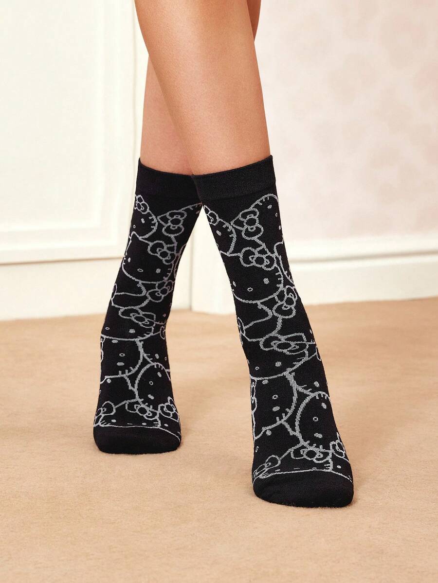 HELLO KITTY AND FRIENDS | SHEIN 1  Pair Soft & Breathable Moisture-Wicking Casual Women Mid-Calf Socks With Cat Pattern Fashionable Cute Cartoon Black Crew Socks Reinforced Toe & Heel For Durability All Season All-Match Summer Winter,Graphics Socks - màu đen - Xem 1