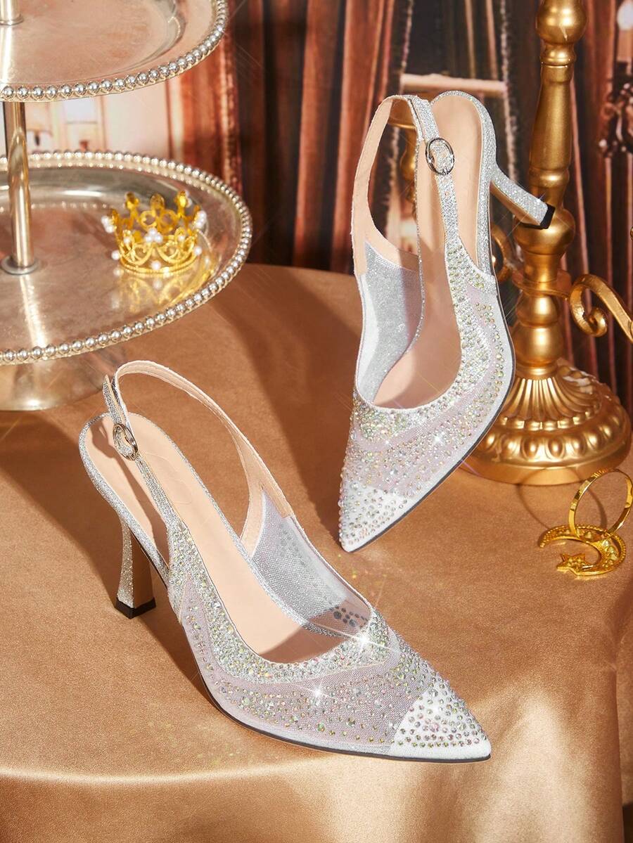 CUCCOO TILAWA Elegant Women's Pointed Toe Buckle Strap Stiletto High Heels - Fashionable Sexy Rhinestone Mesh Breathable Chic Versatile Women's High Heel Pumps - Suitable For Weddings, Galas, Parties And Dances - Silver - View 1
