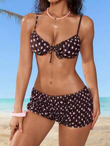 Bellisia 女士夏季沙滩波点露背系带性感比基尼泳衣套装 - 棕色 - 查看 5
