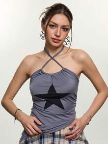 Rina Fox Women's Casual Star Print Asymmetric Hem Halter Neck Top, Summer - Grey - View 3