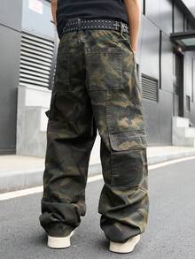 Manfinity Hypemode 男士休闲多口袋迷彩牛仔工装裤，街头时尚 - 軍綠色 - 查看 8